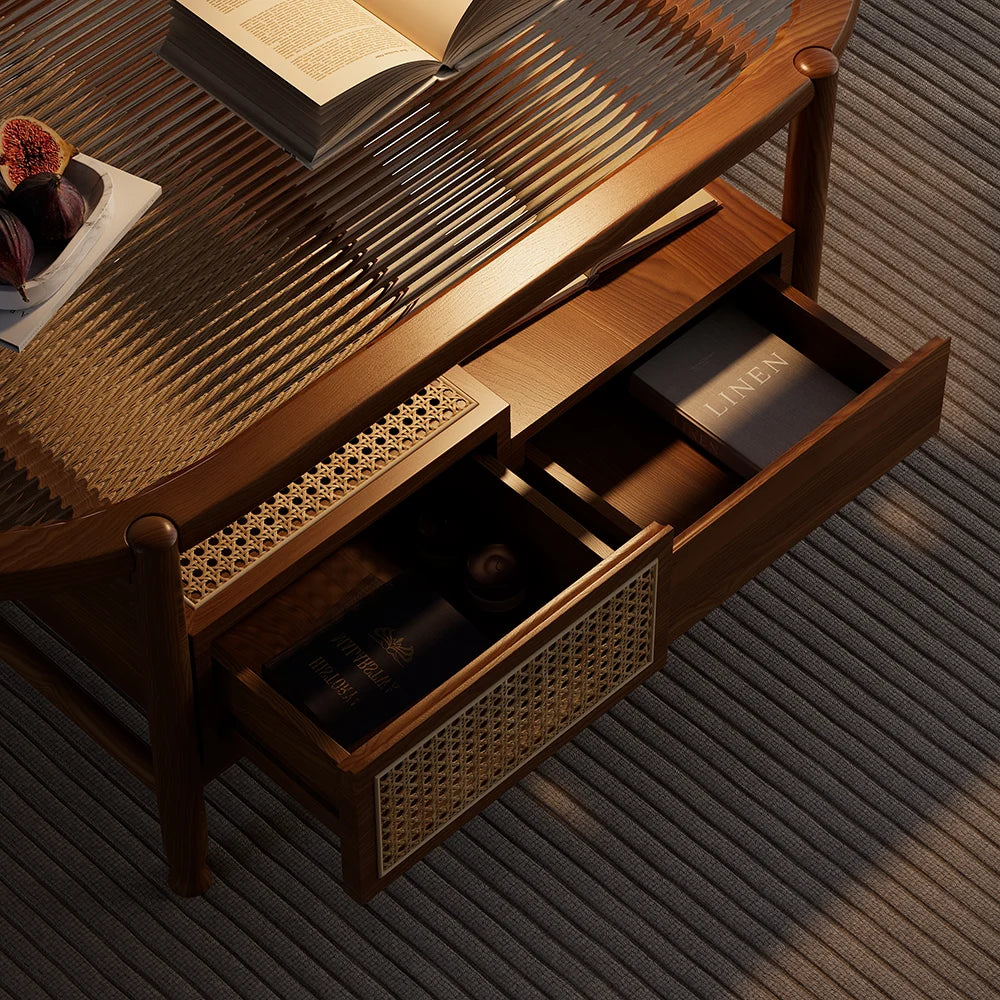 Nature Wood Glass Coffee Tables Rattan Leisure with 4 Drawers