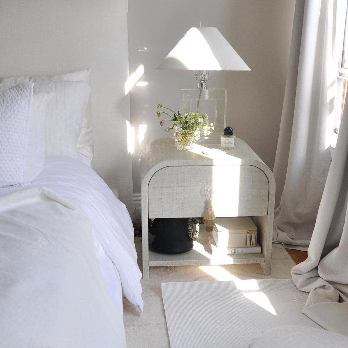 Archer White Lacquered Linen Nightstand with Drawer