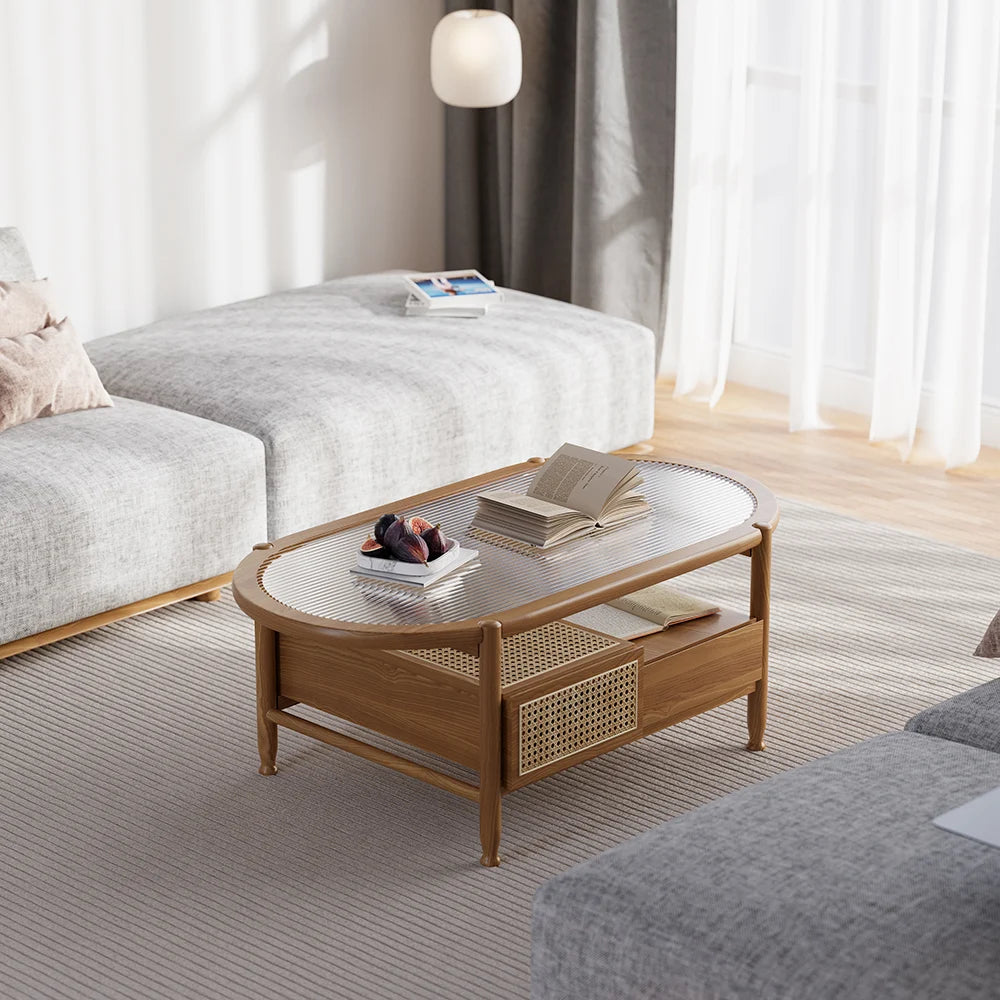 Nature Wood Glass Coffee Tables Rattan Leisure with 4 Drawers