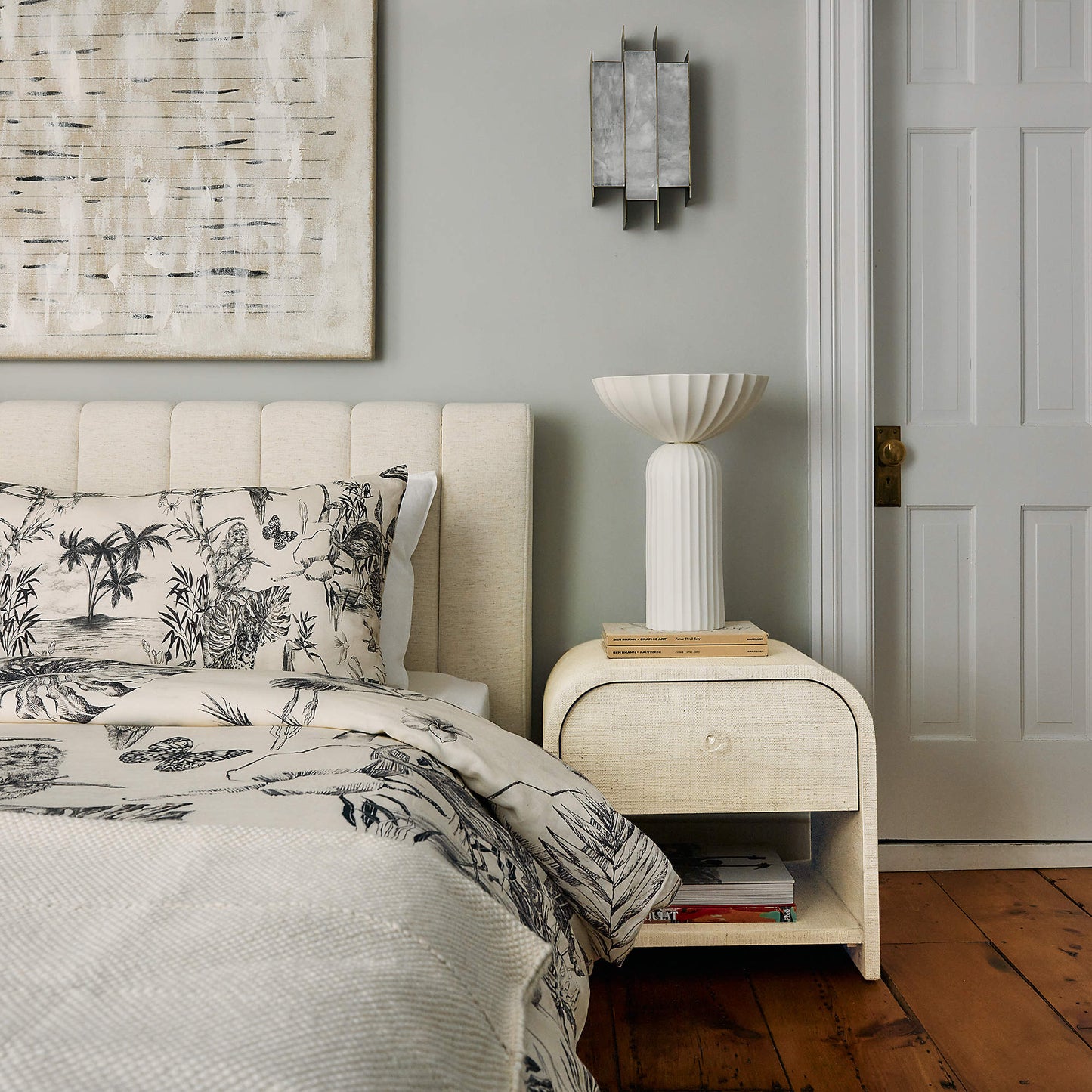 Archer White Lacquered Linen Nightstand with Drawer