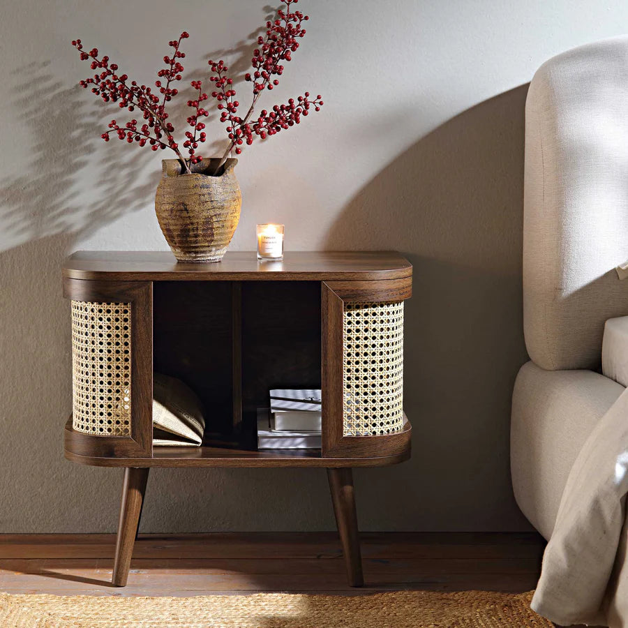 Izzy Curved Rattan Bedside Table, Walnut