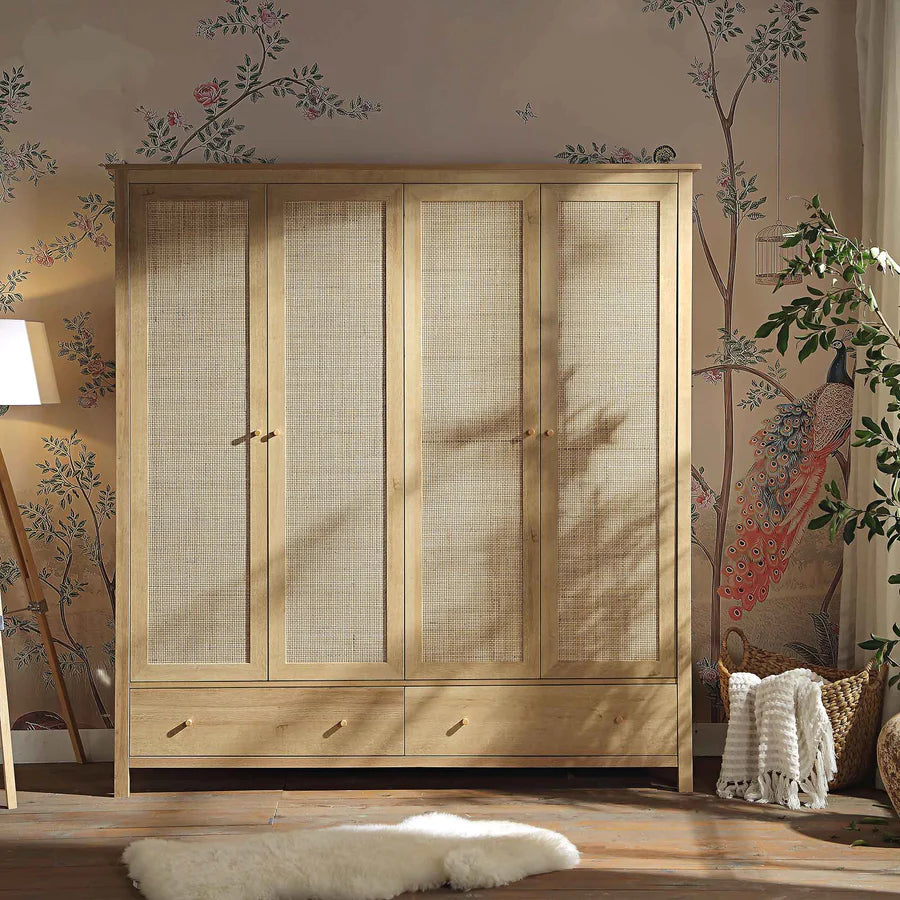 Frances Rattan Triple Wardrobe with 2 Drawers, Natural