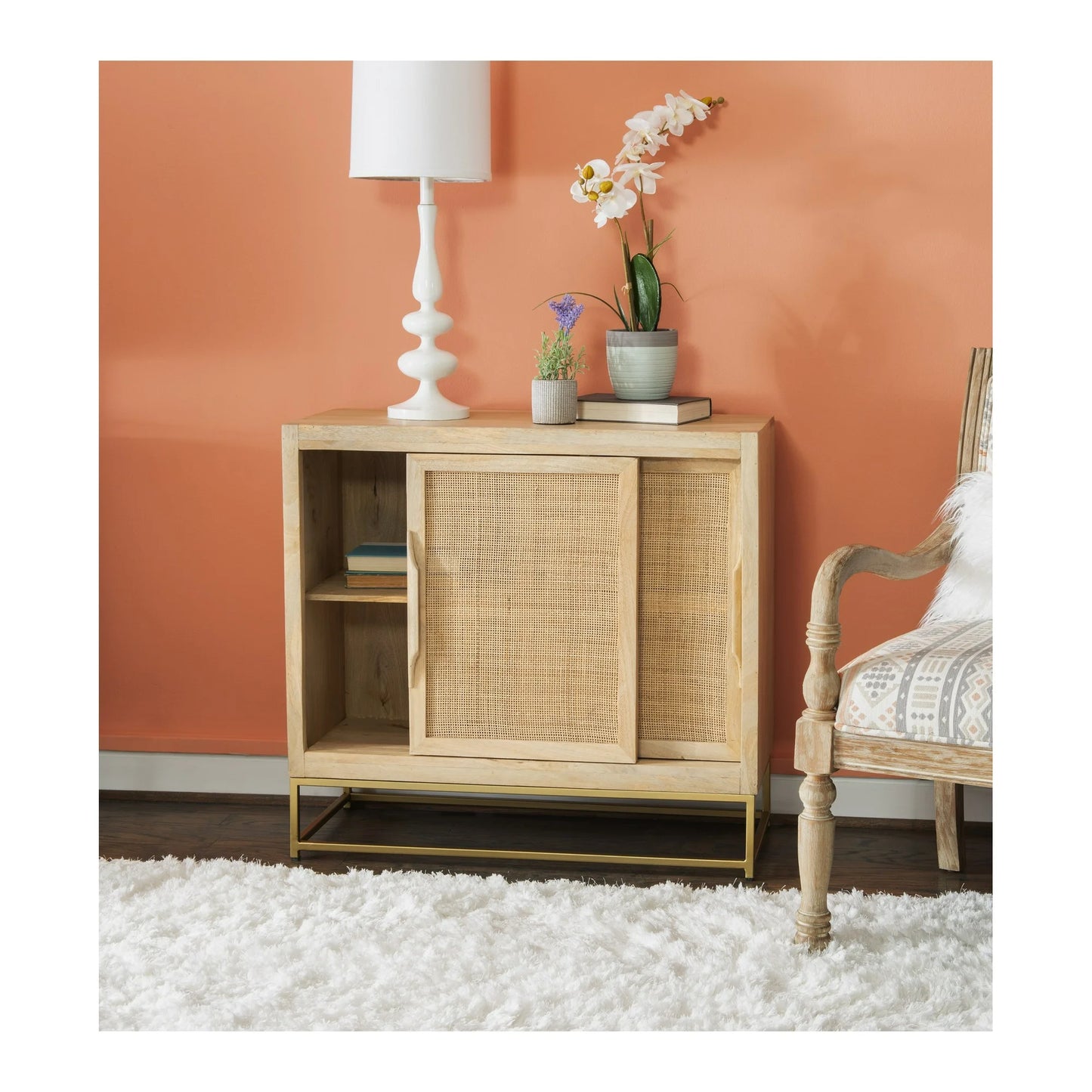 Janie Rattan Sliding Doors Cabinet with Shelves