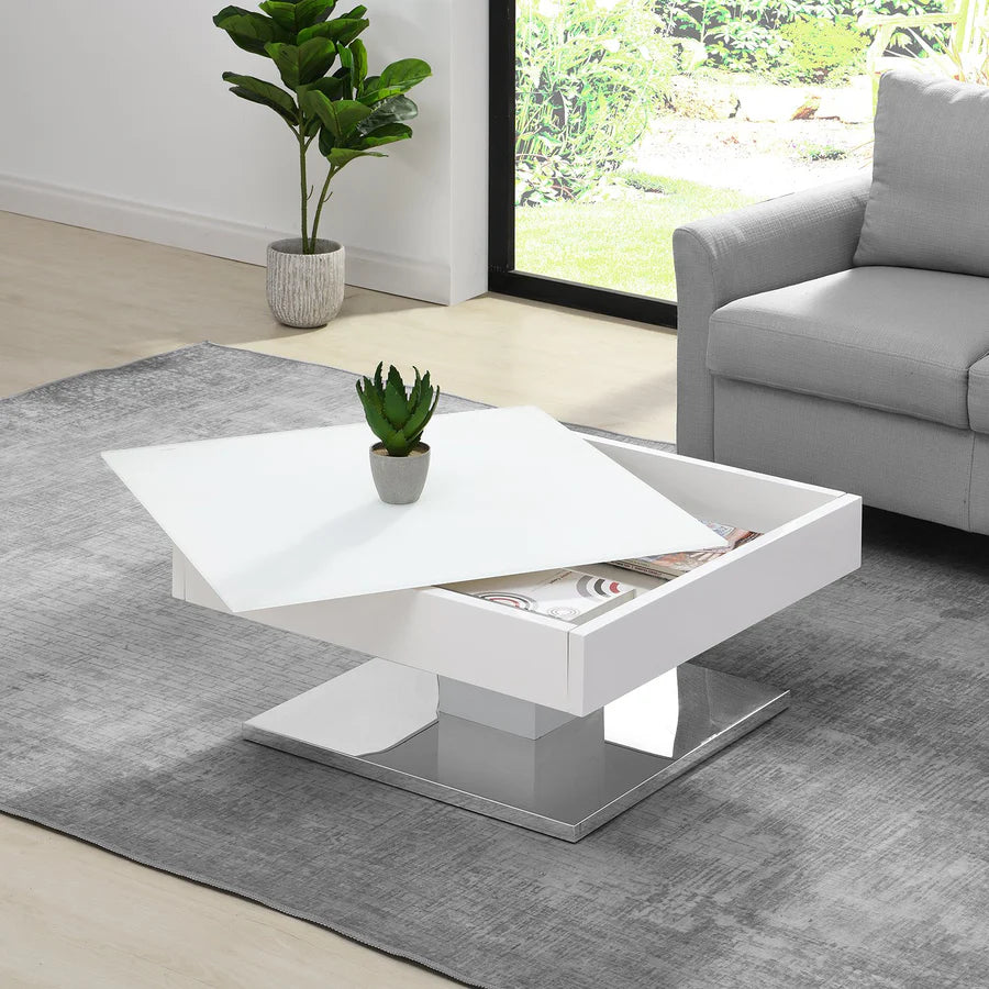 Finch White Swivel Frosted Glass Top Coffee Table with Stainless Steel Base
