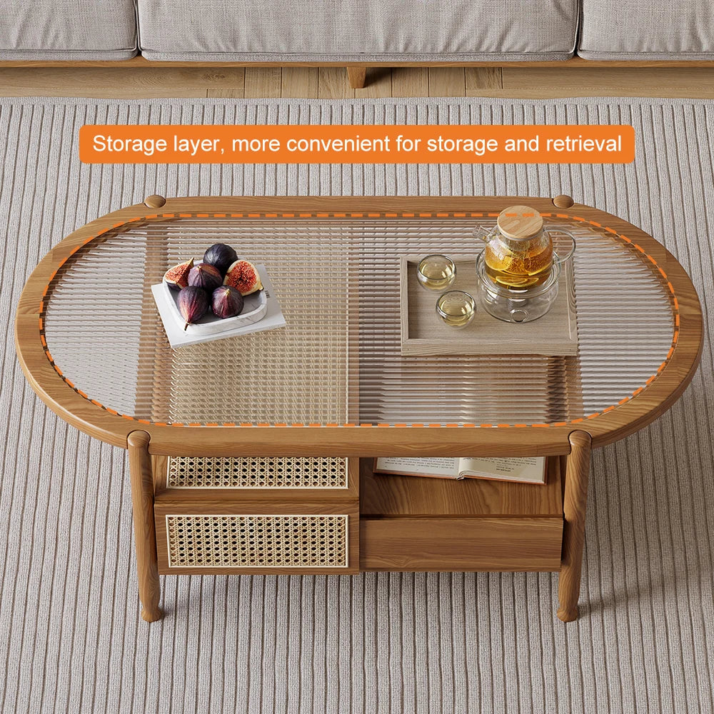 Nature Wood Glass Coffee Tables Rattan Leisure with 4 Drawers