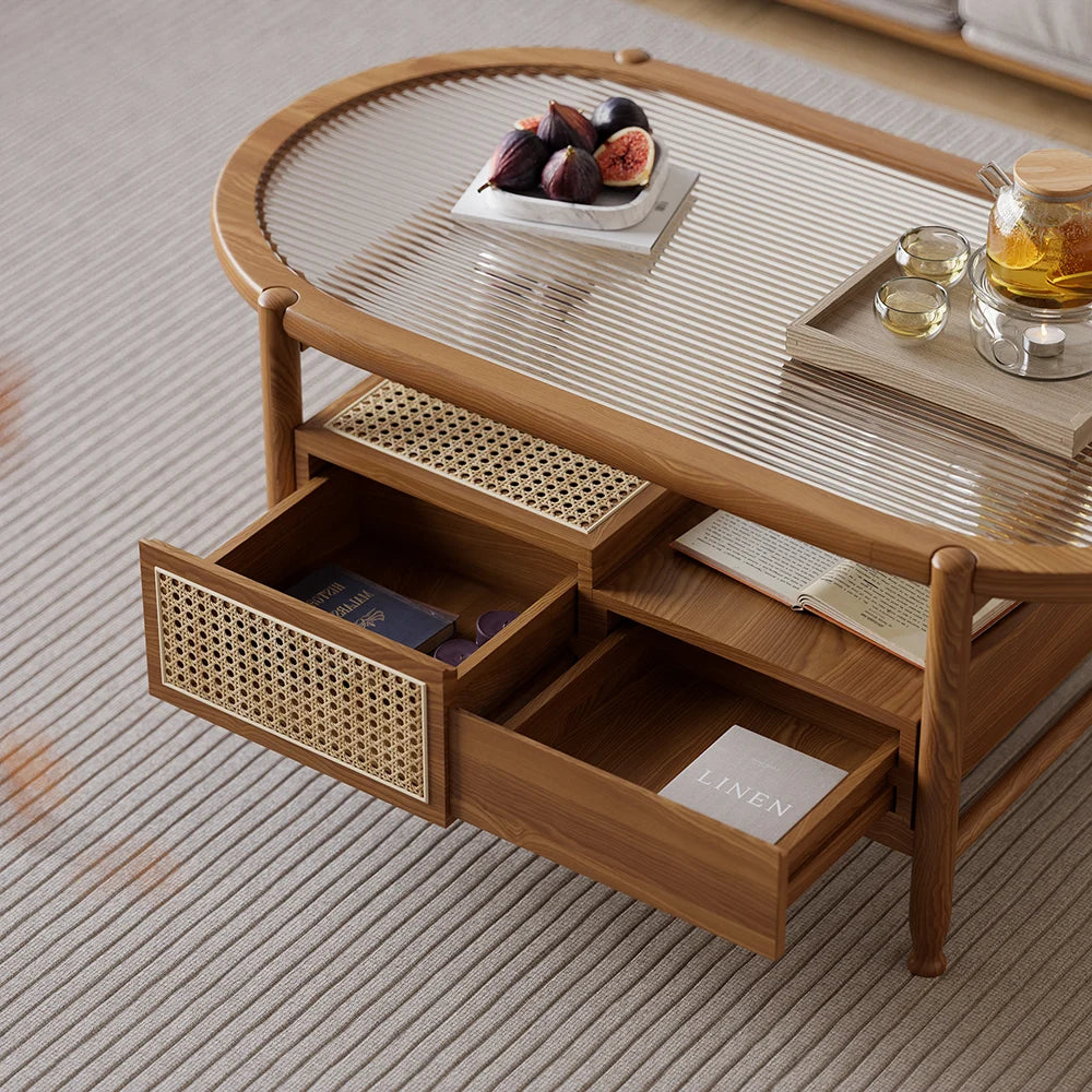 Nature Wood Glass Coffee Tables Rattan Leisure with 4 Drawers