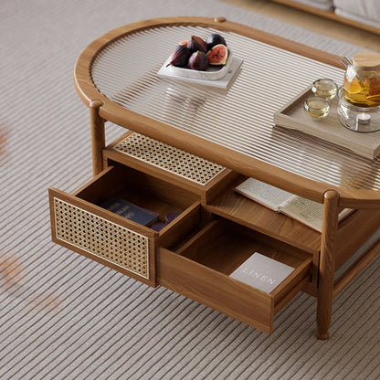 Nature Wood Glass Coffee Tables Rattan Leisure with 4 Drawers