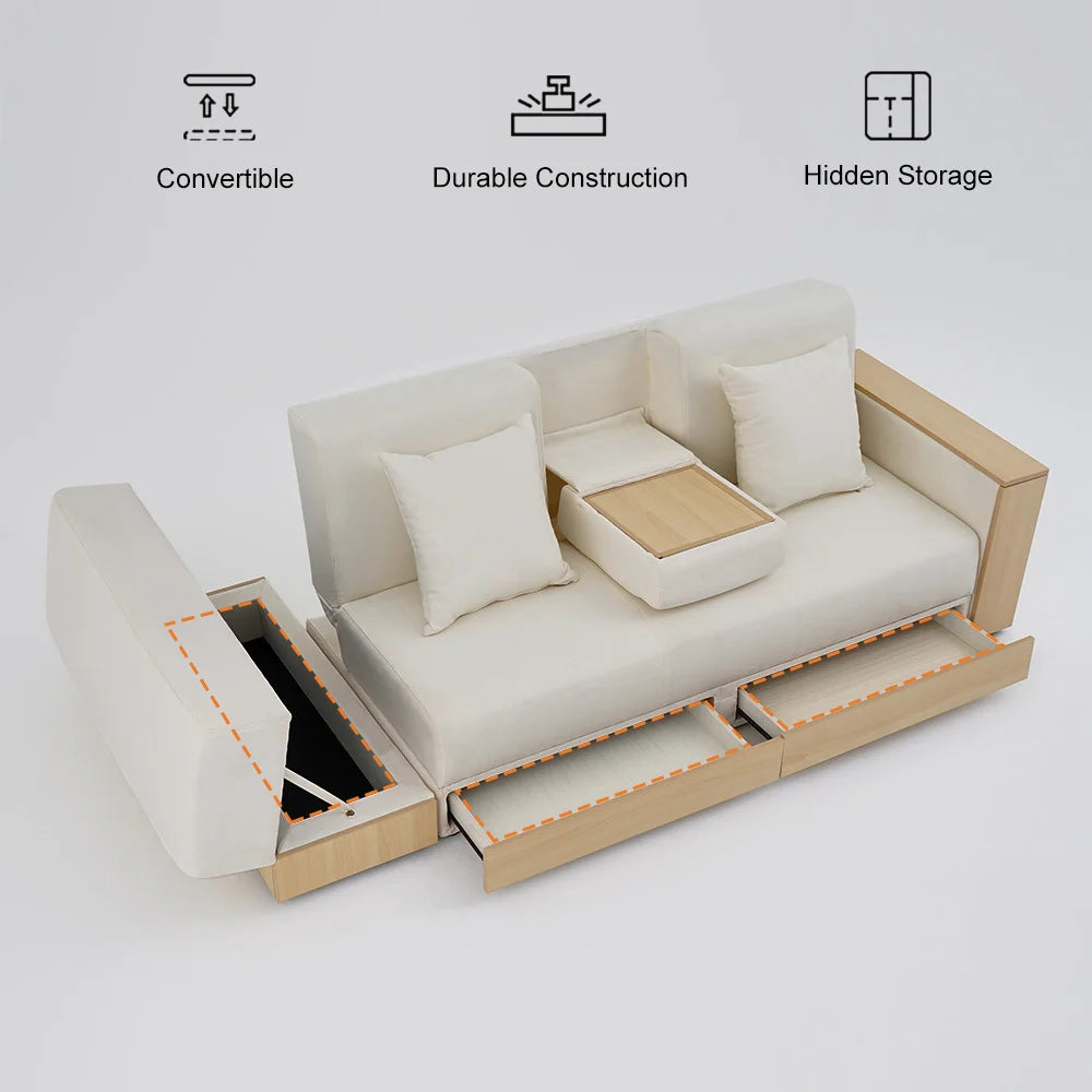 White Modern Full Sleeper Convertible Sofa with Storage