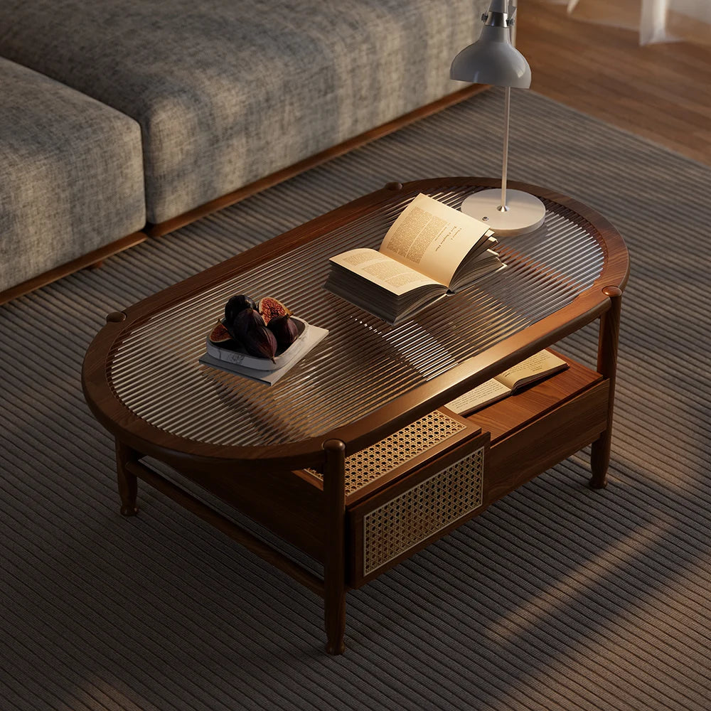 Nature Wood Glass Coffee Tables Rattan Leisure with 4 Drawers