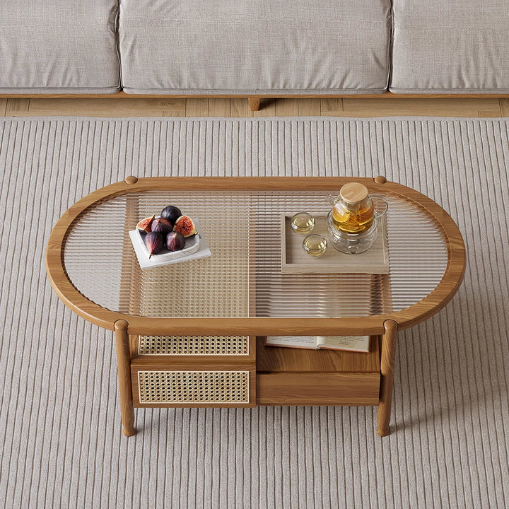 Nature Wood Glass Coffee Tables Rattan Leisure with 4 Drawers