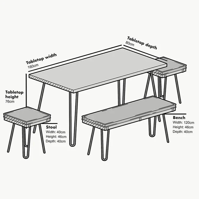 MEILEN Oak Dining Table Set with 2 Stools and 1 Dining Bench