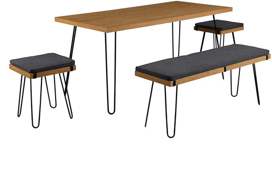 MEILEN Oak Dining Table Set with 2 Stools and 1 Dining Bench