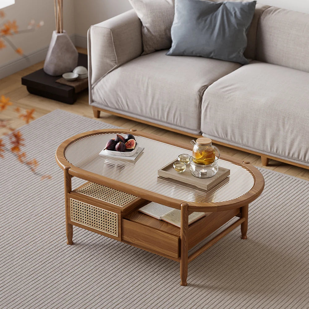 Nature Wood Glass Coffee Tables Rattan Leisure with 4 Drawers