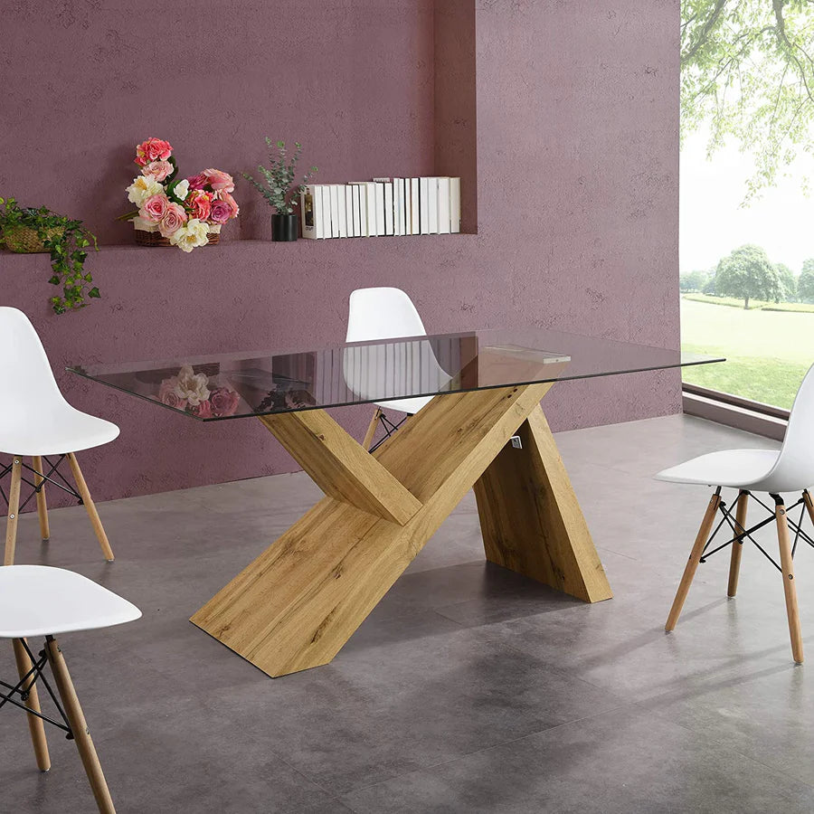 Orillia Oak Effect 160 cm Dining Table with Clear Glass Top