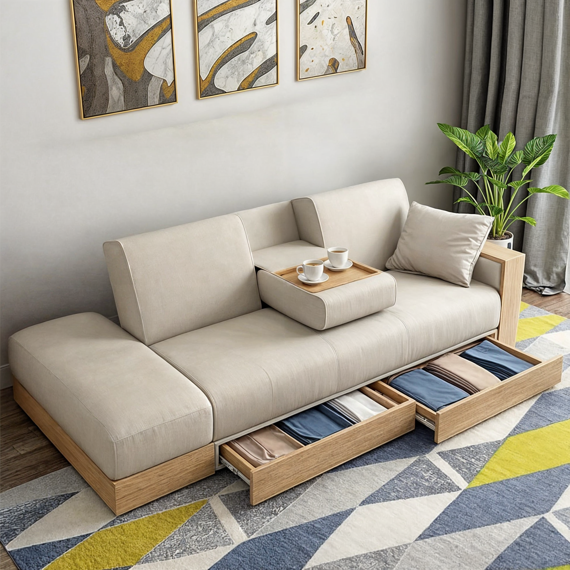 White Modern Full Sleeper Convertible Sofa with Storage