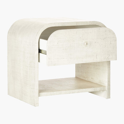 Archer White Lacquered Linen Nightstand with Drawer