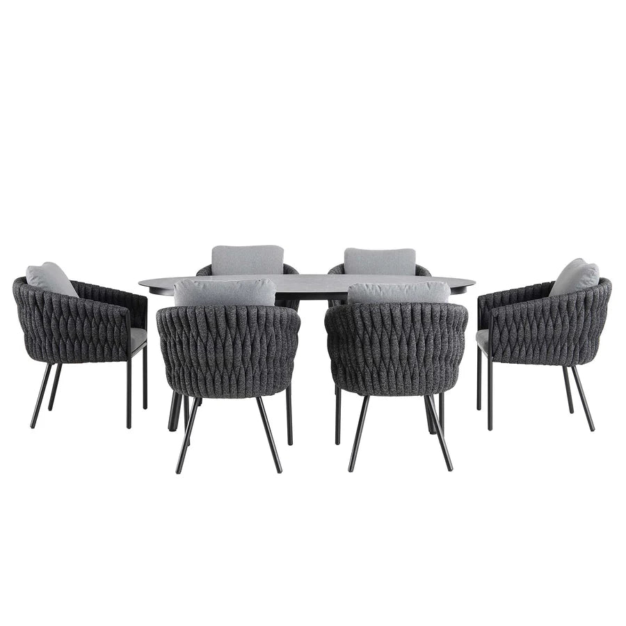 Montebello 6-Seater Outdoor Black Rope and Aluminium Oval Dining Set with Grey Ceramic Dining Table