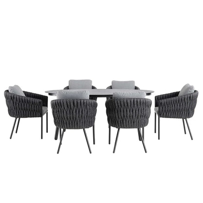 Montebello 6-Seater Outdoor Black Rope and Aluminium Oval Dining Set with Grey Ceramic Dining Table