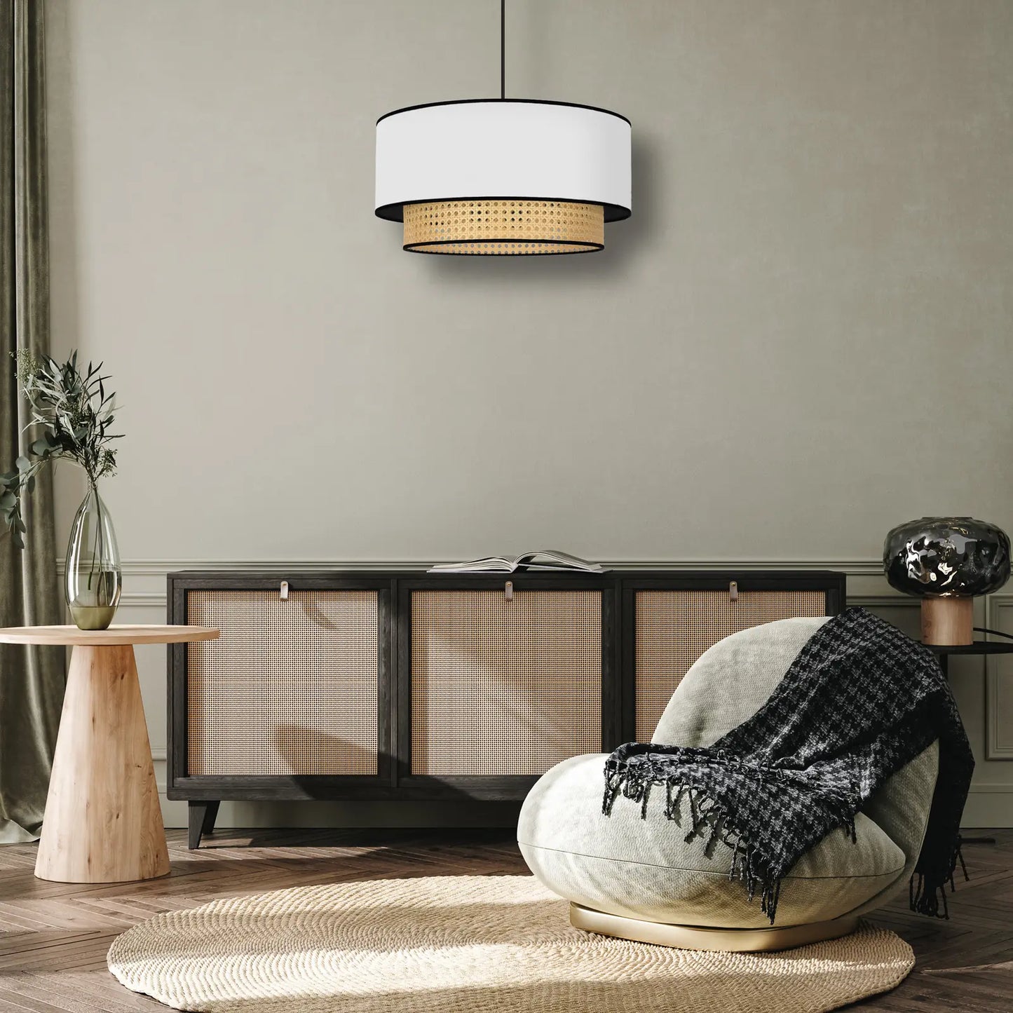 Boho Chic Cane and Rattan Ceiling Lamp