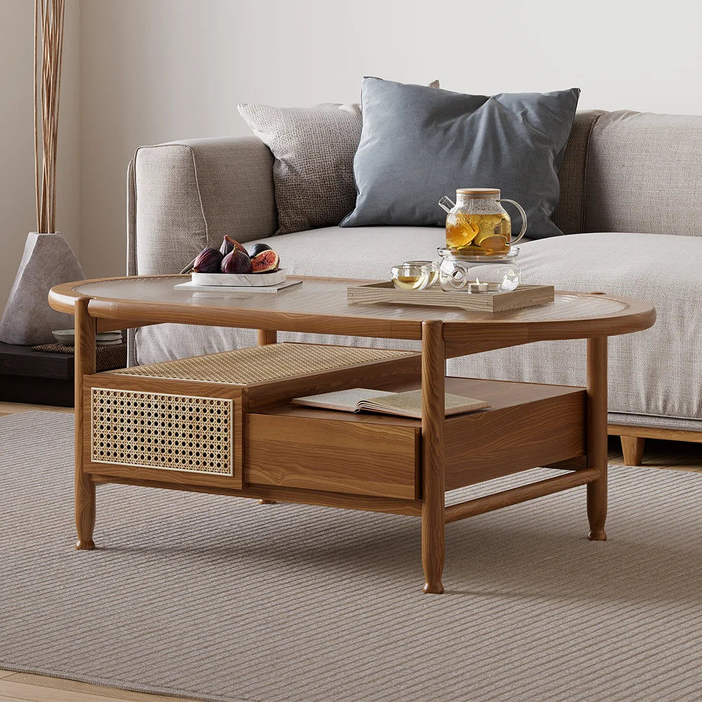 Nature Wood Glass Coffee Tables Rattan Leisure with 4 Drawers