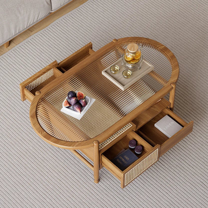Nature Wood Glass Coffee Tables Rattan Leisure with 4 Drawers