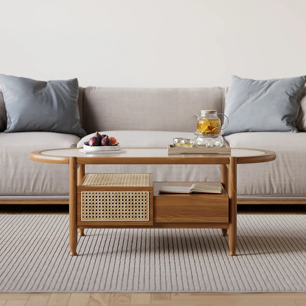 Nature Wood Glass Coffee Tables Rattan Leisure with 4 Drawers